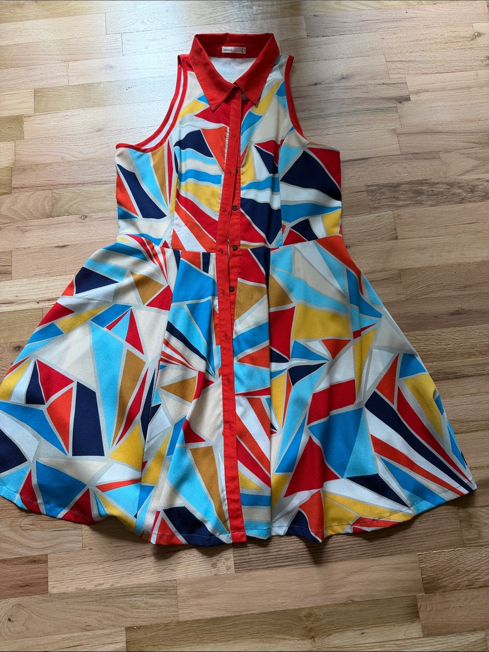 Sleeveless Geometric Midi Dress with Red Trim